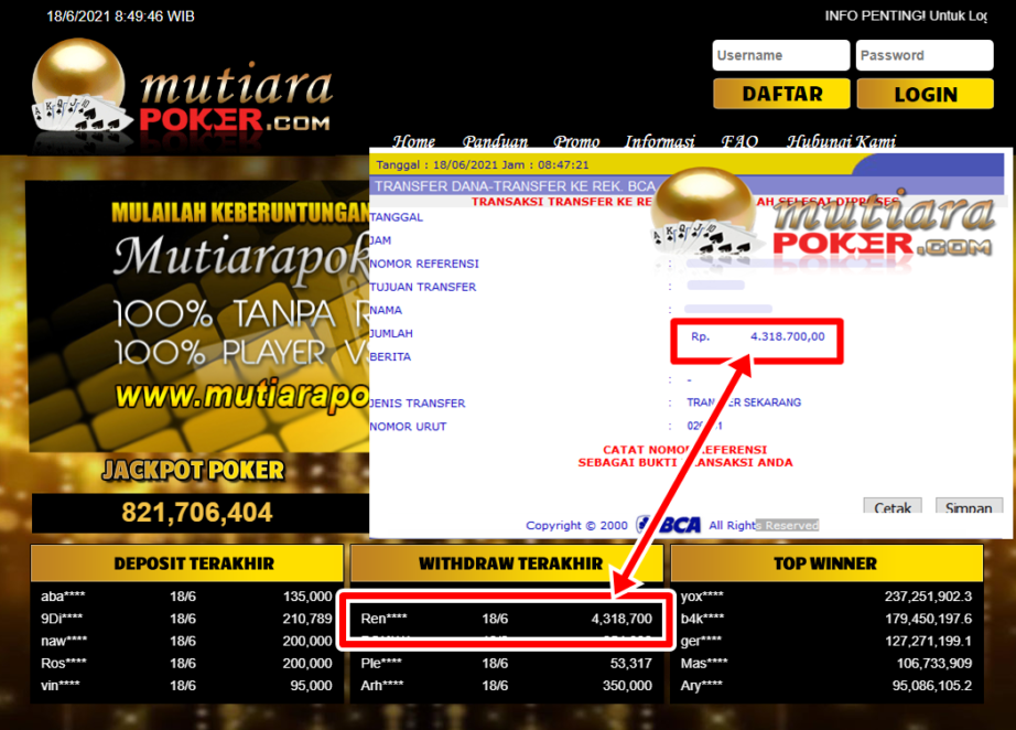 BUKTI TRANSFER 4.3 JUTA MEMBER BANDAR Q