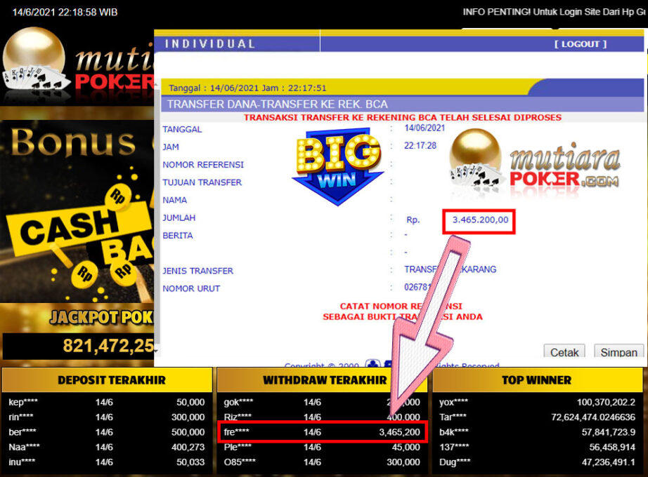 BUKTI TRANSFER 3.4 JUTA MEMBER BANDAR Q