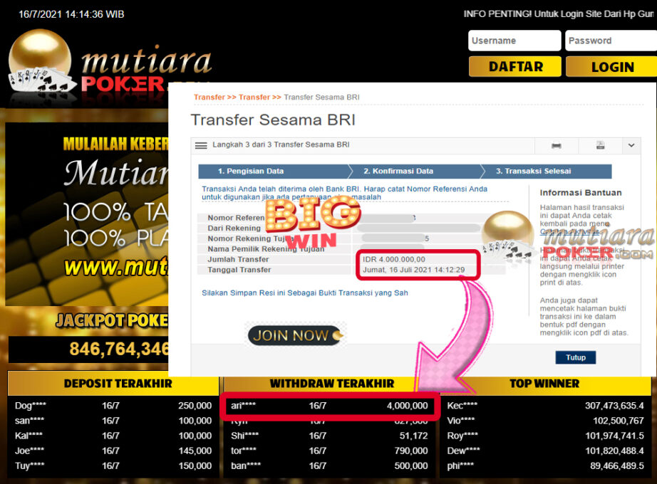 BUKTI TRANSFER 4 JUTA MEMBER BANDAR Q