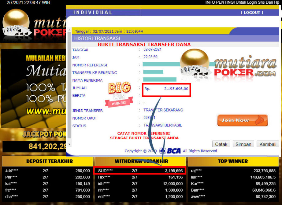 BUKTI TRANSFER 3.1 JUTA MEMBER BANDAR Q