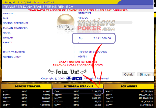 BUKTI TRANSFER 7 JUTA MEMBER BANDAR Q