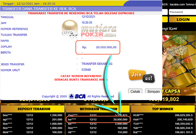 Bukti Withdraw ( 20.000.000 ) Member Setia Mutiarapoker