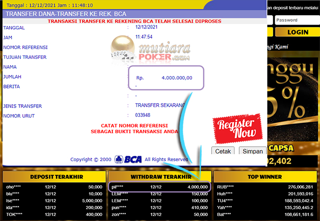 Bukti Withdraw ( 4.000.000 ) Member Setia Mutiarapoker