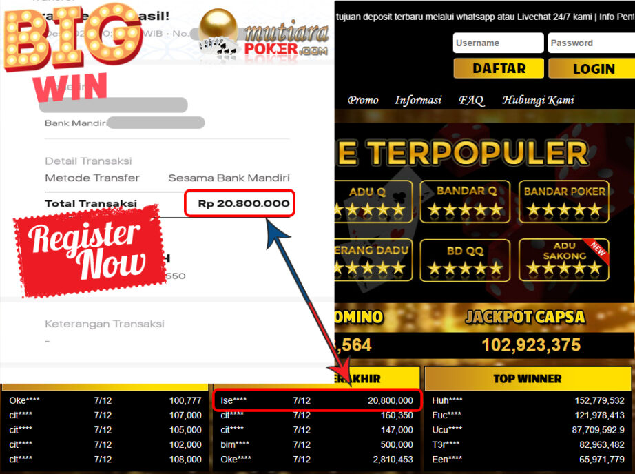 Bukti Withdraw ( 20.800.000 ) Member Setia Mutiarapoker