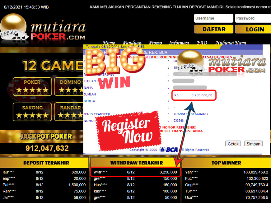 Bukti Withdraw ( 3.250.000 ) Member Setia Mutiarapoker