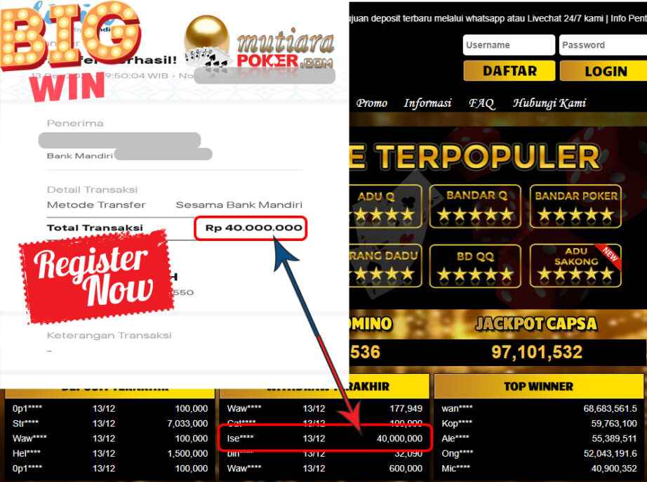 Bukti Withdraw (40.000.000 ) Member Setia Mutiarapoker