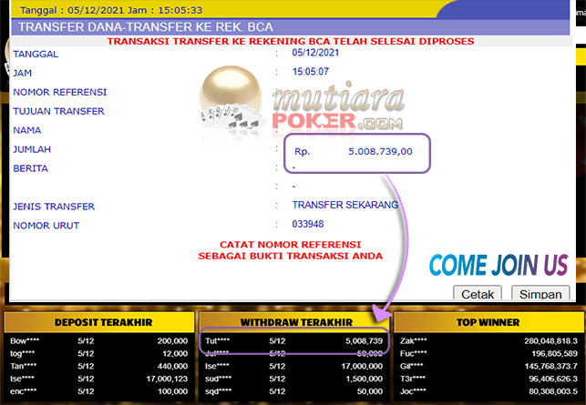 Bukti Withdraw ( 5.008.739 ) Member Setia Mutiarapoker