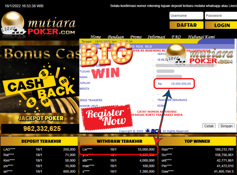 Bukti Withdraw (15.000.000) Member Setia Mutiarapoker