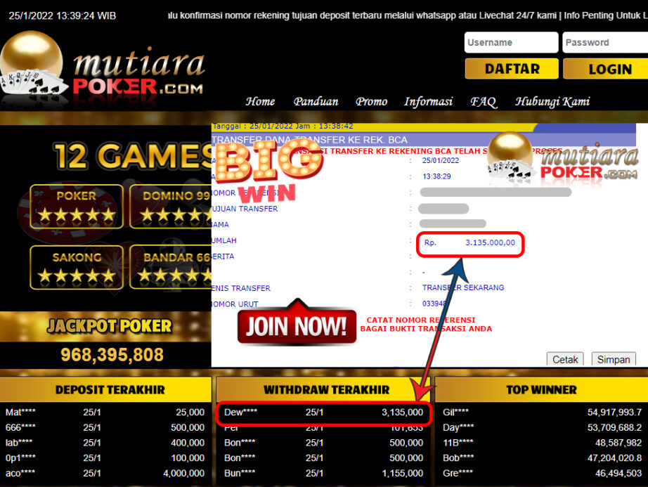 Bukti Withdraw (3.135.000) Member Setia Mutiarapoker