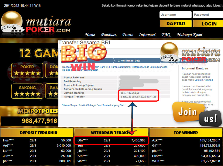 Bukti Withdraw (7.430.968) Member Setia Mutiarapoker