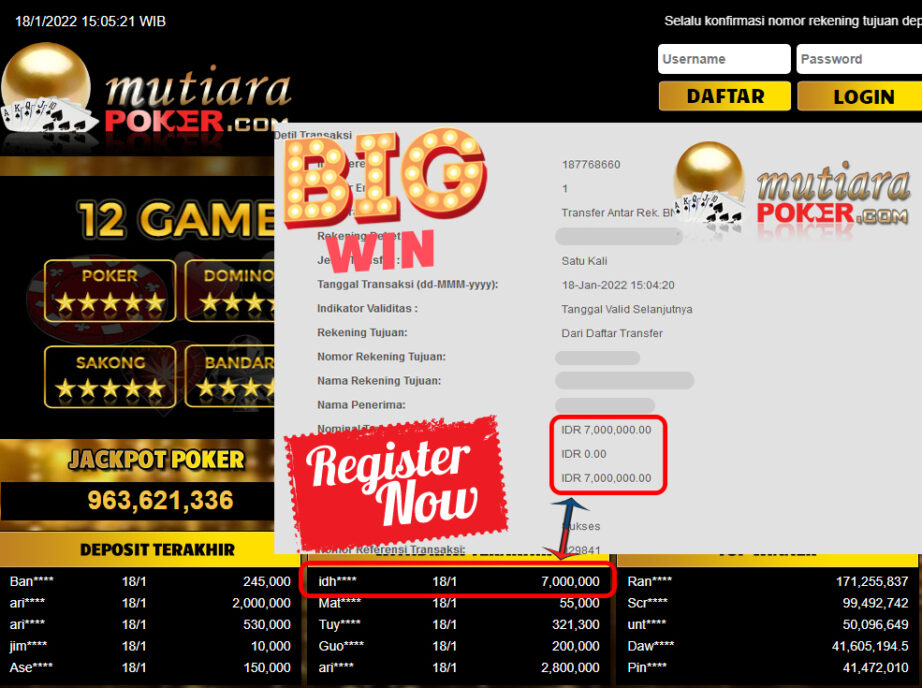 Bukti Withdraw (7.000.000) Member Setia Mutiarapoker