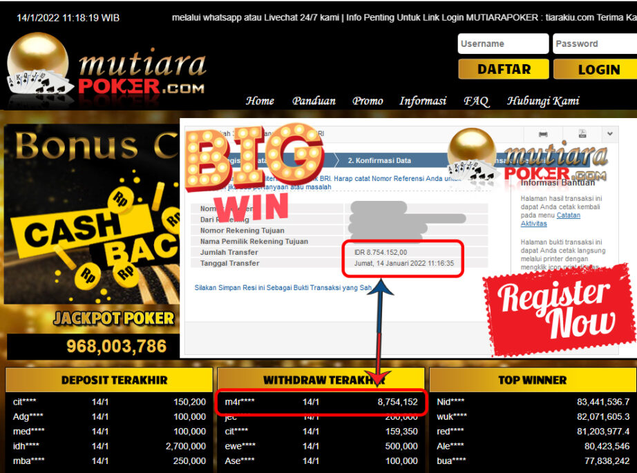 Bukti Withdraw (8.754.152 ) Member Setia Mutiarapoker