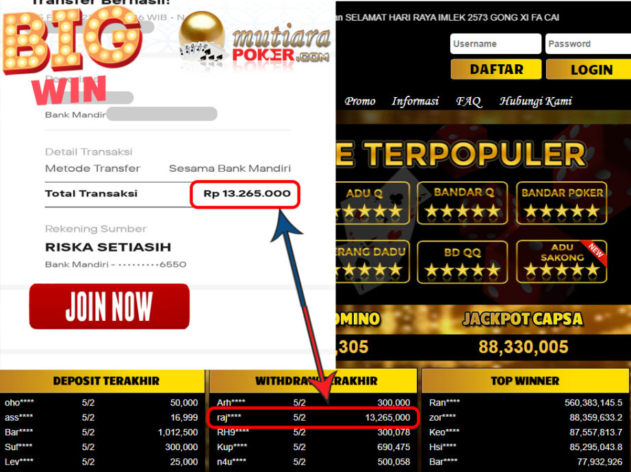 Bukti Withdraw (13.265.000) Member Setia Mutiarapoker