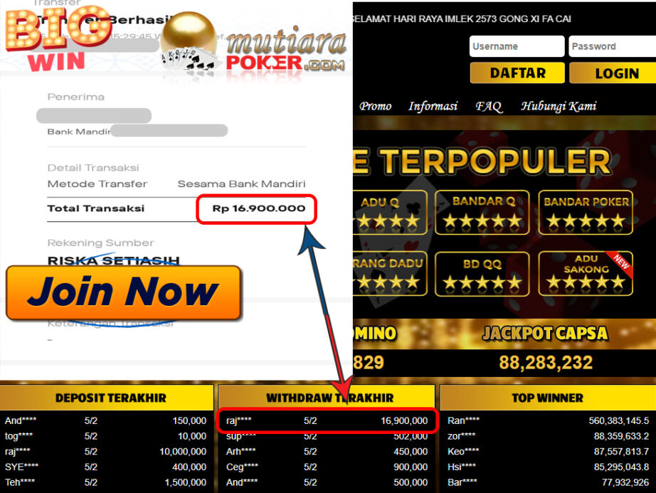 Bukti Withdraw (16.900.000) Member Setia Mutiarapoker