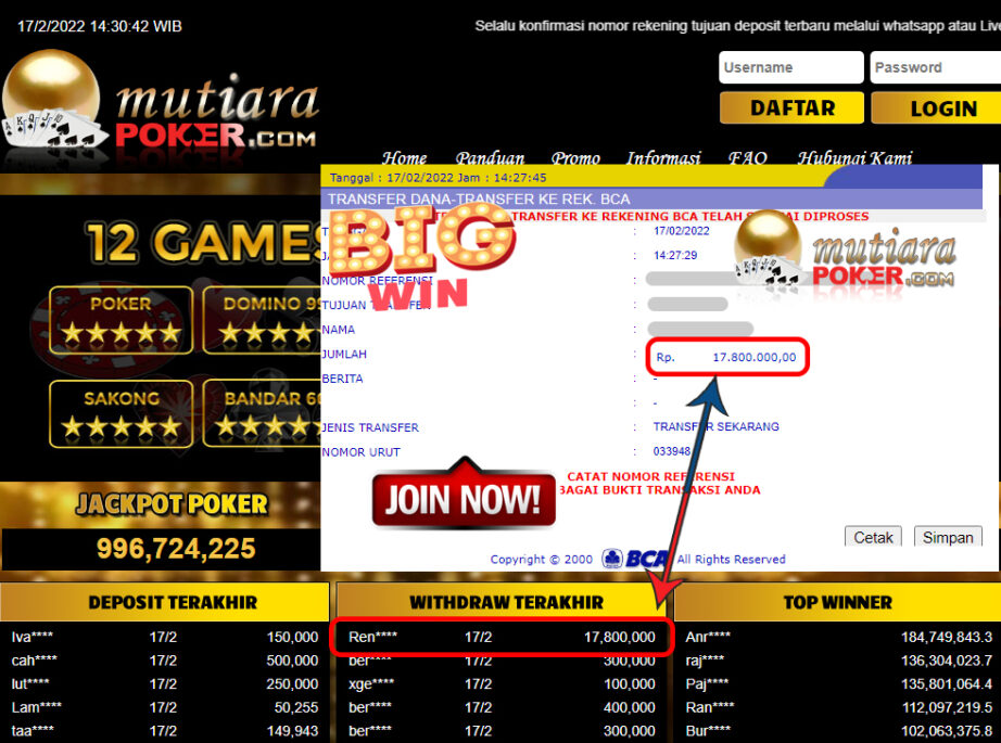 Bukti Withdraw ( 17.800.000,- ) Member Setia Mutia