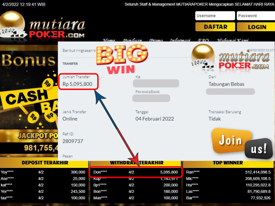 Bukti Withdraw (5.095.800) Member Setia Mutiarapoker