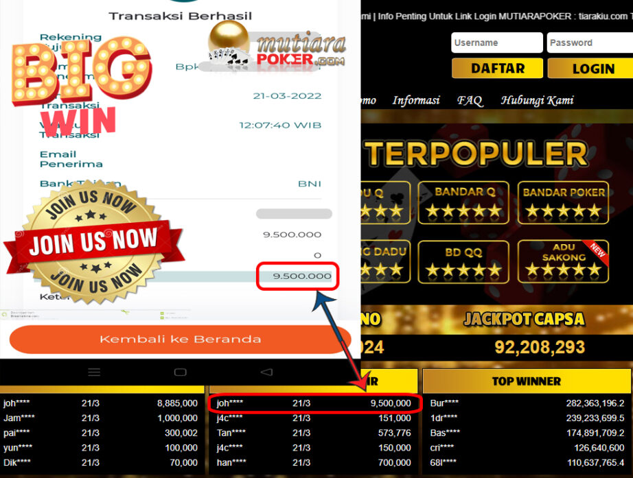 Bukti Withdraw ( 9.500.000.- ) Member Setia Mutia