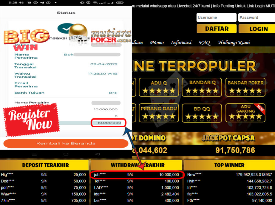 Bukti Withdraw ( 10.000.000.- ) Member Setia Mutia