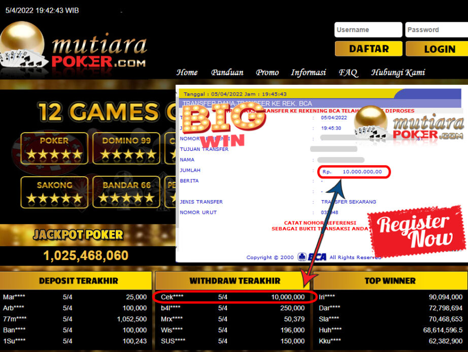 Bukti Withdraw ( 10.000.000.- ) Member Setia Mutia