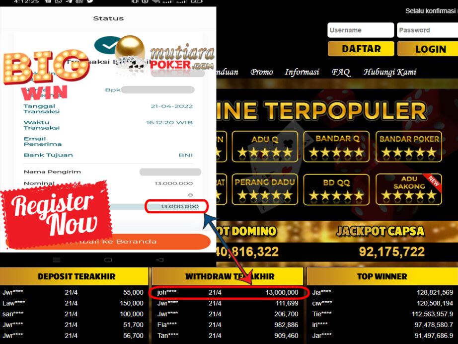 Bukti Withdraw ( 13.000.000.- ) Member Setia Mutia