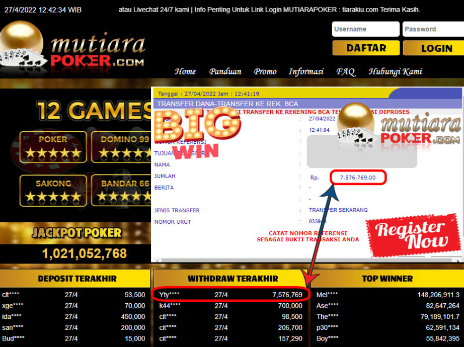 Bukti Withdraw ( 7.576.769.- ) Member Setia Mutia