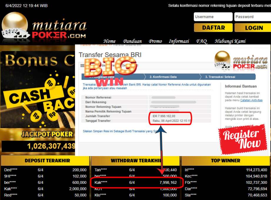 Bukti Withdraw ( 7.998.162.- ) Member Setia Mutia