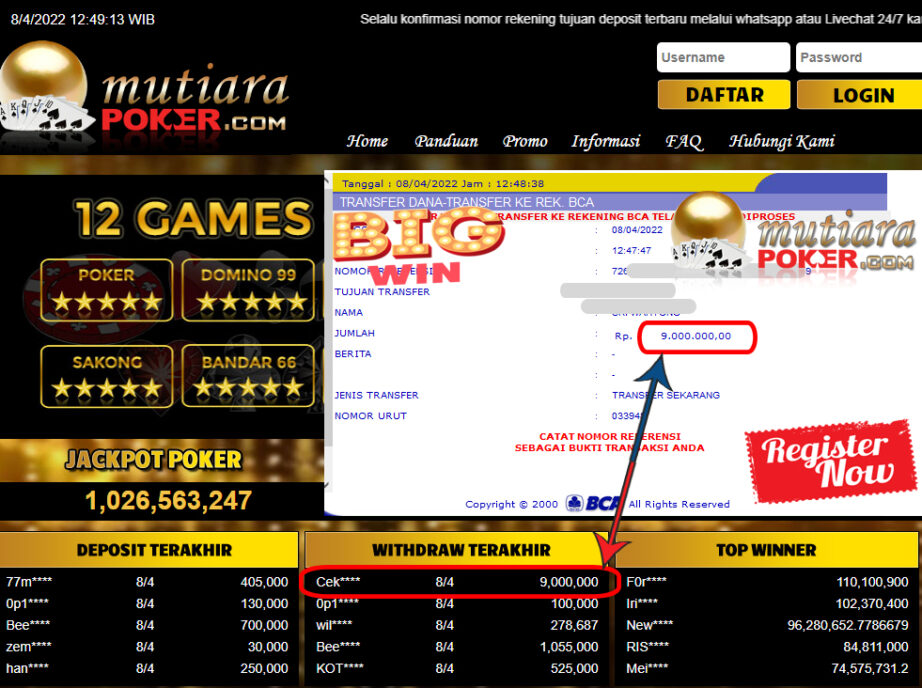 Bukti Withdraw ( 9.000.000.- ) Member Setia Mutia