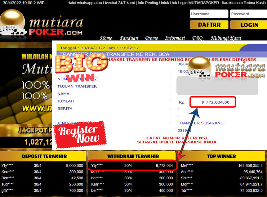 Bukti Withdraw ( 9.772.034.- ) Member Setia Mutiarapoker