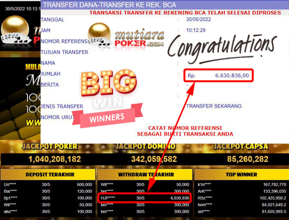 Bukti Withdraw ( 6.630.836.- ) Member Setia Mutiarapoker