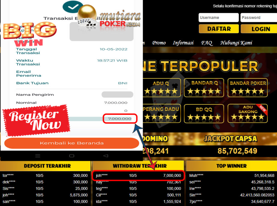 Bukti Withdraw ( 7.000.000.- ) Member Setia Mutiarapoker