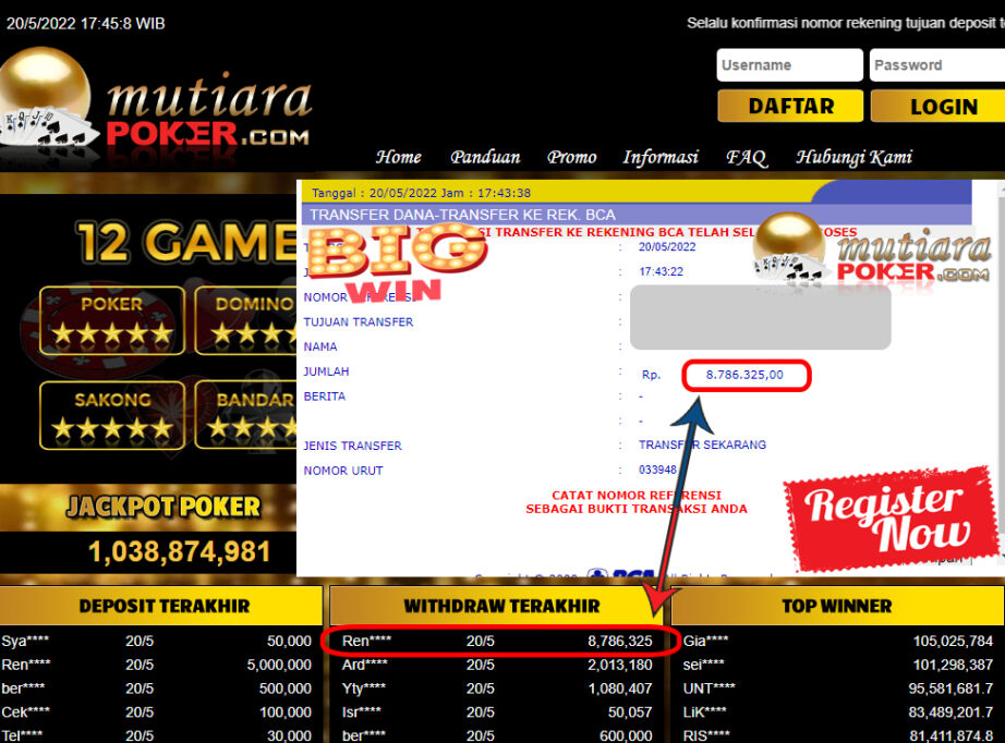 Bukti Withdraw ( 8.786.325.- ) Member Setia Mutiarapoker