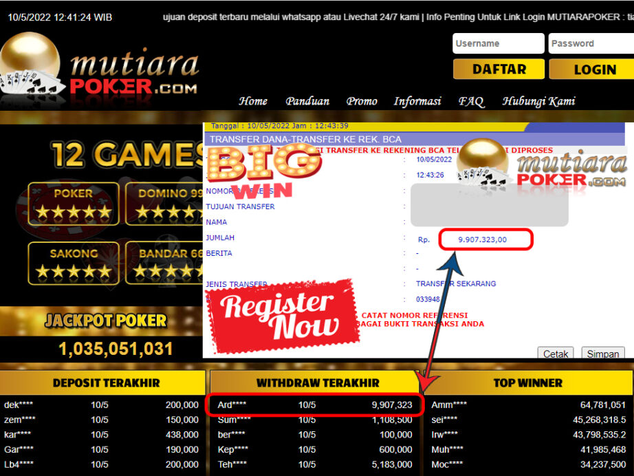 Bukti Withdraw ( 9.907.323.- ) Member Setia Mutiarapoker