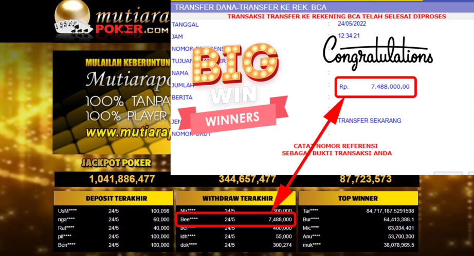 Bukti Withdraw ( 7.488.000.- ) Member Setia Mutiarapoker