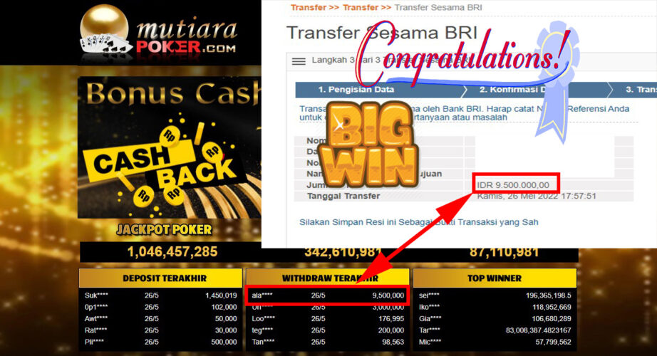 Bukti Withdraw ( 9.500.000.- ) Member Setia Mutiarapoker