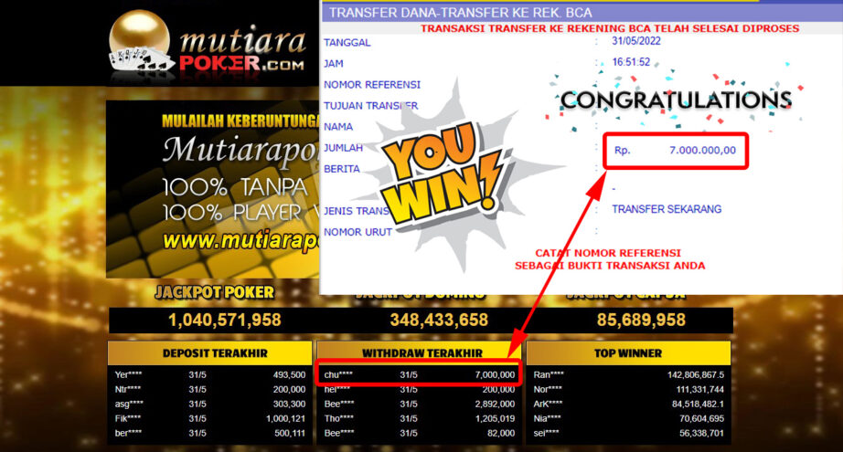 Bukti Withdraw ( 7.000.000.- ) Member Setia Mutiarapoker