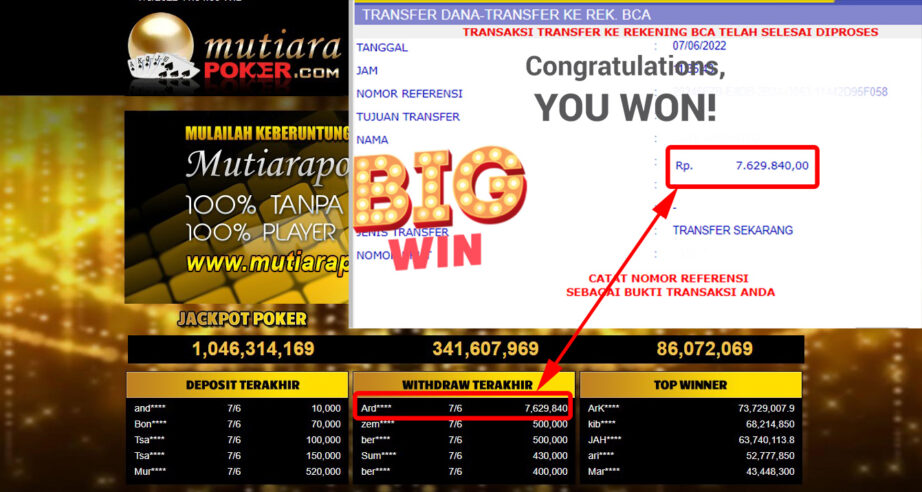 Bukti Withdraw (7.629.840.- ) Member Setia Mutiarapoker