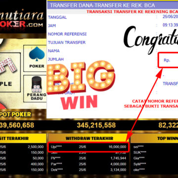 Bukti Withdraw (16.000.000.- ) Member Setia Mutiarapoker