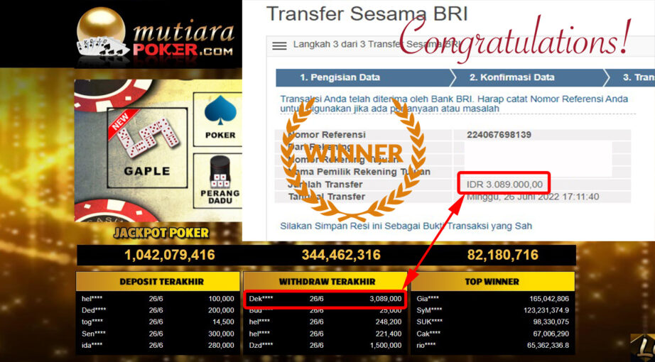 Bukti Withdraw (3.089.000.- ) Member Setia Mutiarapoker