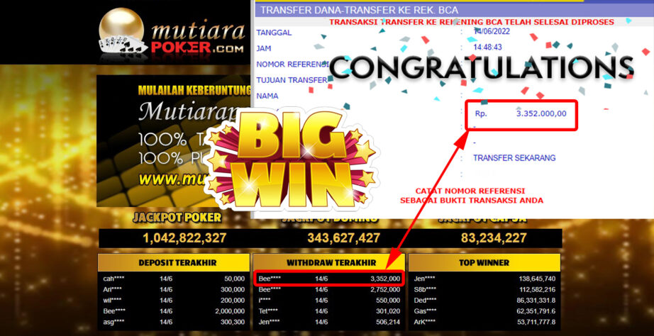 Bukti Withdraw (3.352.000.- ) Member Setia Mutiarapoker