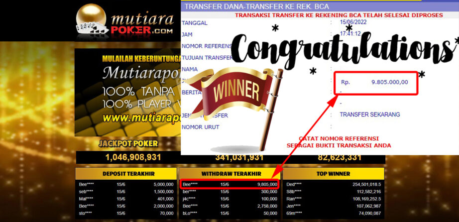 Bukti Withdraw (9.805.000.- ) Member Setia Mutiarapoker