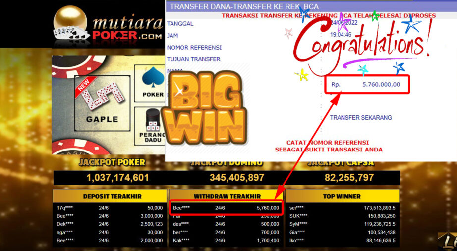 Bukti Withdraw (5.760.000.- ) Member Setia Mutiarapoker