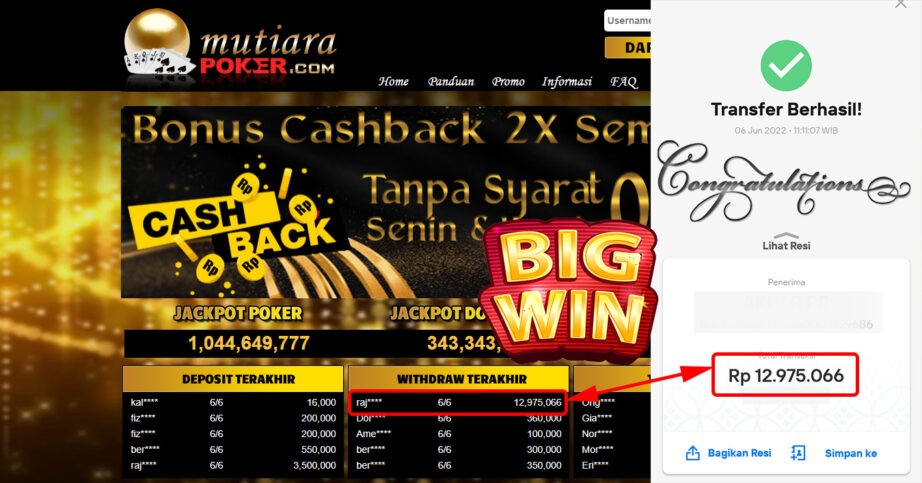 Bukti Withdraw (12.975.066.- ) Member Setia Mutiarapoker