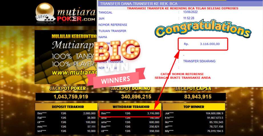 Bukti Withdraw (3.116.000.- ) Member Setia Mutiarapoker