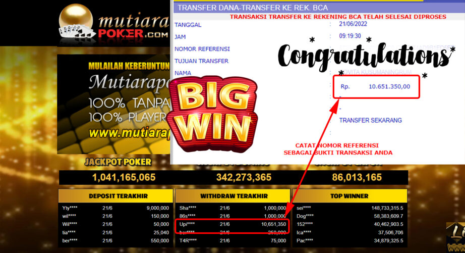 Bukti Withdraw (10.651.350.- ) Member Setia Mutiarapoker