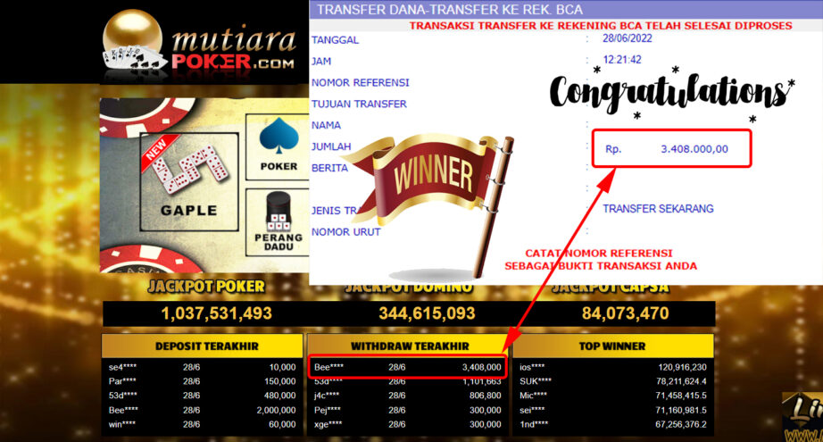 Bukti Withdraw (3.408.000.- ) Member Setia Mutiarapoker