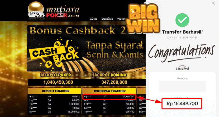 Bukti Withdraw (15.449.700.- ) Member Setia Mutiarapoker