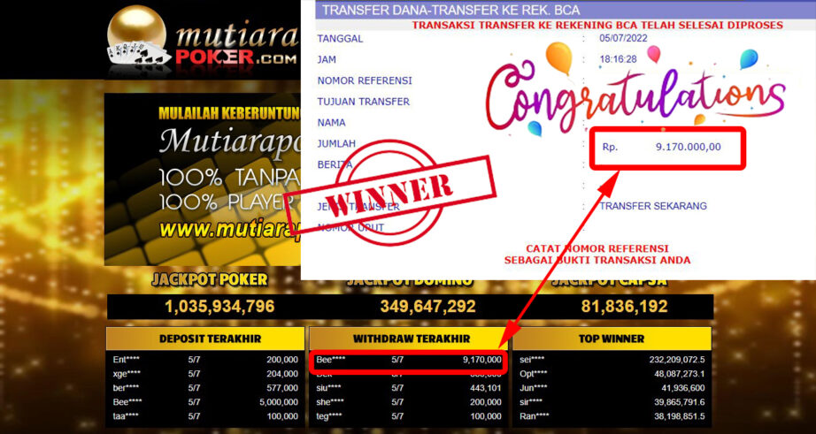 Bukti Withdraw (9.170.000.- ) Member Setia Mutiarapoker