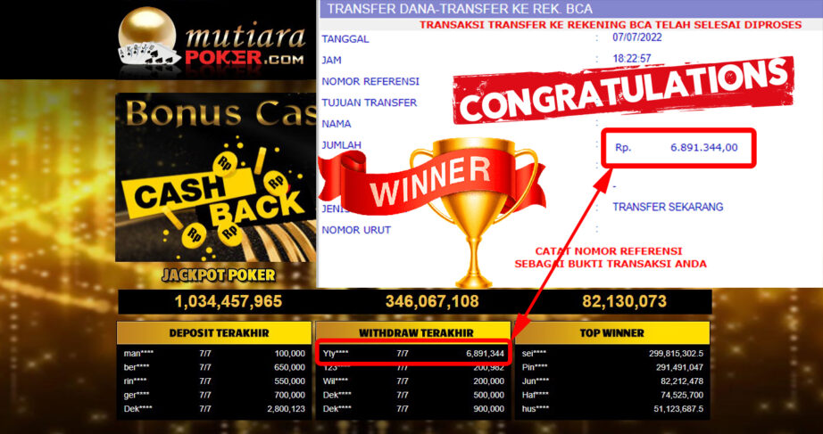 Bukti Withdraw (6.891.344.- ) Member Setia Mutiarapoker