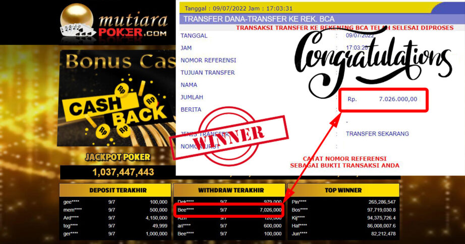 Bukti Withdraw (7.026.000.- ) Member Setia Mutiarapoker