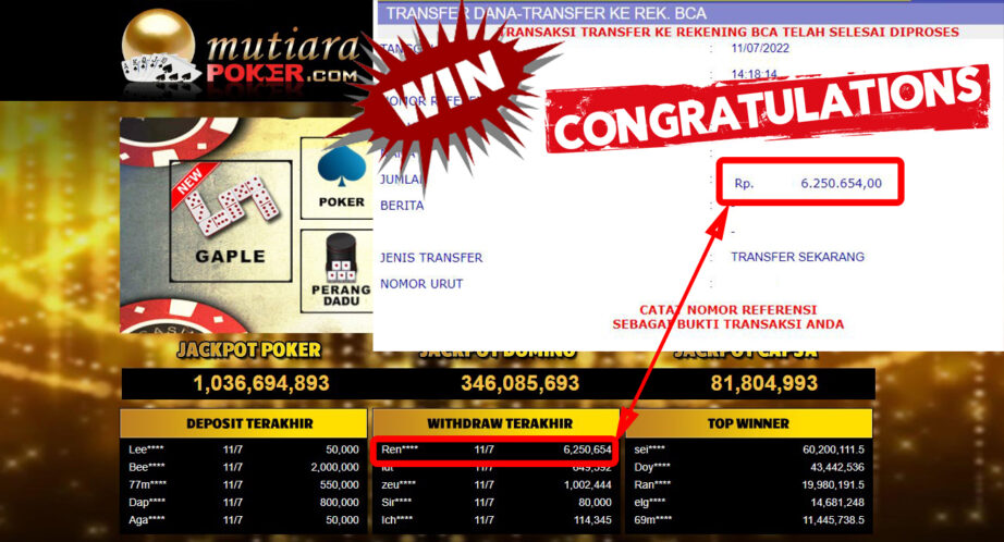 Bukti Withdraw (6.250.654.- ) Member Setia Mutiarapoker